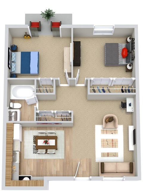 Floor plan for 2 beds, 1 bath, 604 sqft