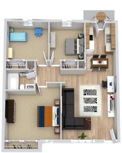 Floor plan for 3 beds, 1 bath, 697 sqft
