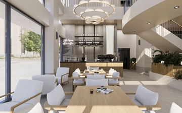 Jersey City apartment for rent - A modern dining area with a long table and chairs.