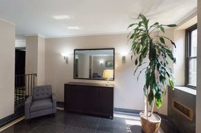 New York apartment for rent - A room with a grey chair, a mirror, a lamp, and a plant.