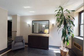 New York apartment for rent - A living room with a grey chair, a mirror, a lamp, and a plant.