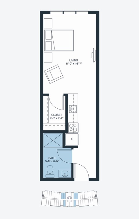 Floor plan for studio, 1 bath, 432 sqft
