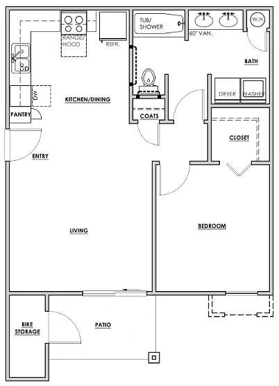 Floor plan for 1 bed, 1 bath, 675 sqft