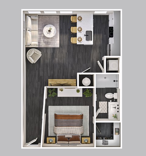 Floor plan for 1 bed, 1 bath, 667 sqft