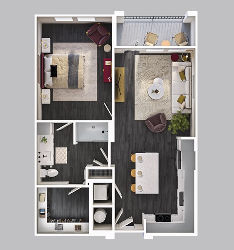 Floor plan for 1 bed, 1 bath, 723 sqft