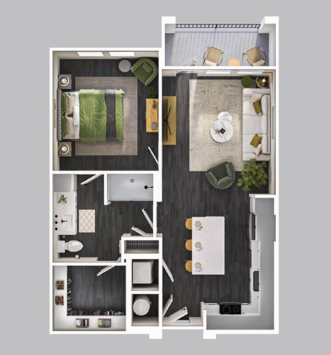 Floor plan for 1 bed, 1 bath, 748 sqft