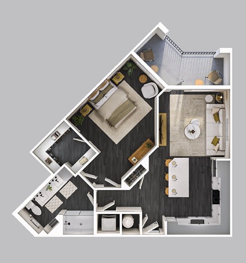 Floor plan for 1 bed, 1 bath, 769 sqft