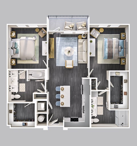 Floor plan for 2 beds, 2 baths, 1105 sqft