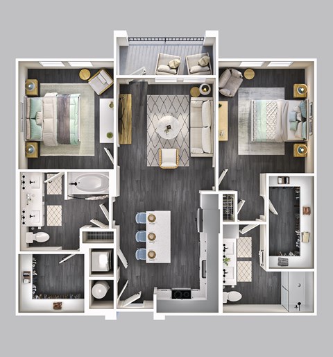 Floor plan for 2 beds, 2 baths, 1105 sqft