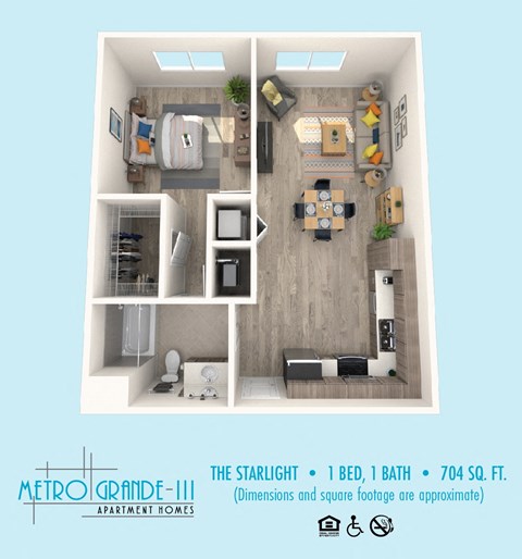 Floor plan for 1 bed, 1 bath, 704 sqft