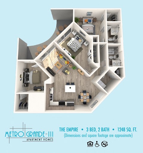 Floor plan for 3 beds, 2 baths, 1248 sqft