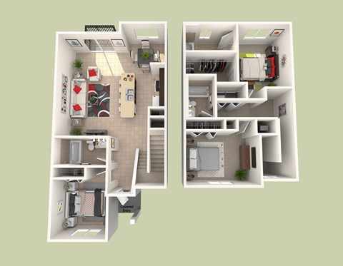 Floor plan for 3 beds, 3 baths, 1362 sqft