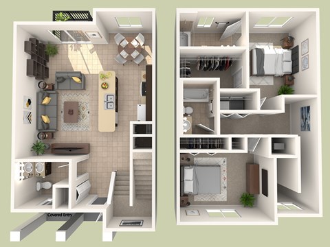 Floor plan for 2 beds, 2.5 baths, 1225 sqft