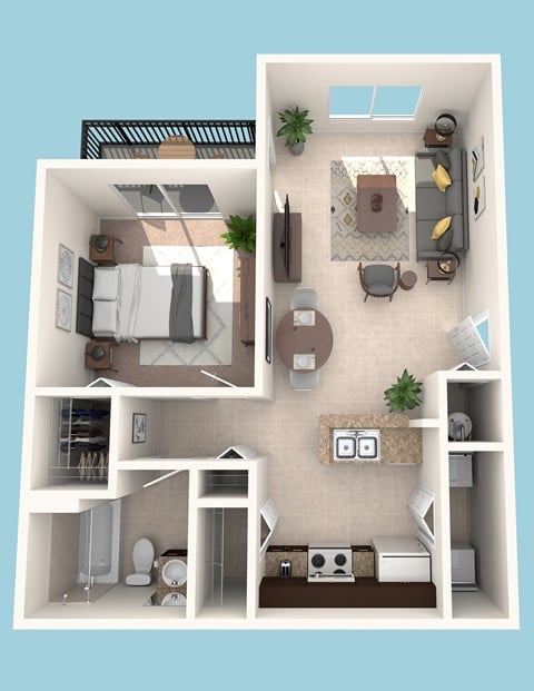 Floor plan for 1 bed, 1 bath, 765 sqft