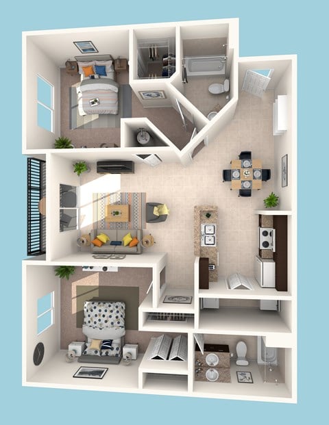 Floor plan for 2 beds, 2 baths, 1027 sqft