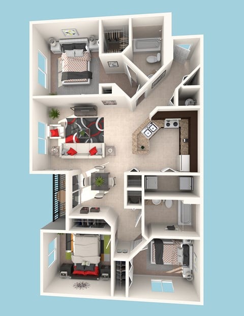 Floor plan for 3 beds, 2 baths, 1201 sqft