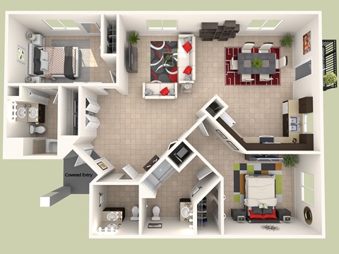 Floor plan for 2 beds, 2.5 baths, 1381 sqft