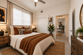 Miami apartment for rent - A bedroom with a large bed and a ceiling fan.