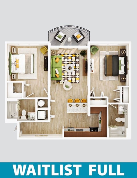 Floor plan for 2 beds, 2 baths, 1024 sqft