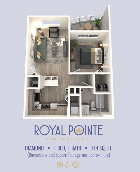 Floor plan for 1 bed, 1 bath, 714 sqft