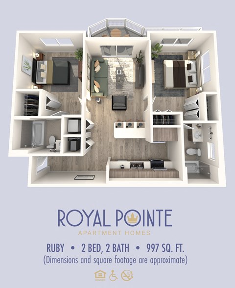 Floor plan for 2 beds, 2 baths, 997 sqft
