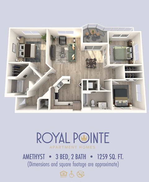 Floor plan for 3 beds, 2 baths, 1259 sqft