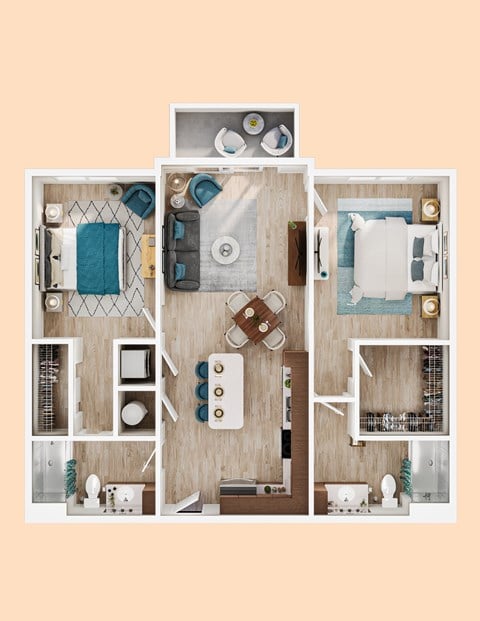 Floor plan for 2 beds, 2 baths, 1019 sqft