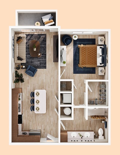 Floor plan for 1 bed, 1 bath, 733 sqft