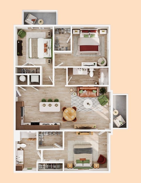 Floor plan for 3 beds, 2 baths, 1396 sqft