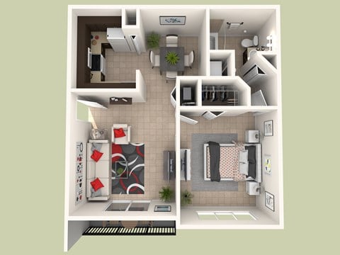 Floor plan for 1 bed, 1 bath, 720 sqft