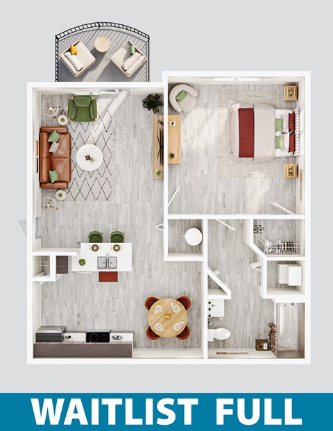 Floor plan for 1 bed, 1 bath, 707 sqft