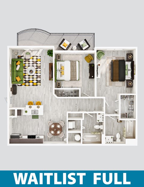 Floor plan for 2 beds, 2 baths, 961 sqft