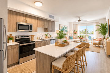 Pompano Beach apartment for rent - A modern kitchen with wooden cabinets and a large island.