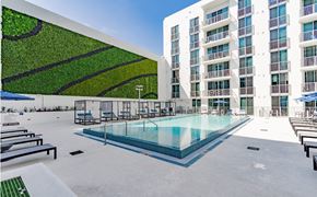 Miami apartment for rent - A pool area with a green wall and a white building in the background.
