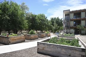 Moab apartment for rent - a courtyard with wooden planters and trees in front of a building
