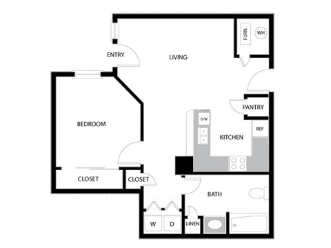 Floor plan for 1 bed, 1 bath, 640 sqft
