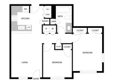Floor plan for 2 beds, 1 bath, 825 sqft