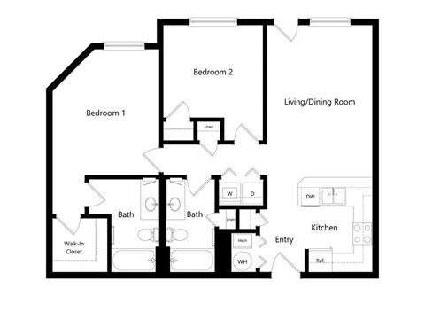 Floor plan for 2 beds, 2 baths, 925 sqft