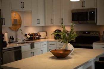A kitchen with a bowl of flowers on the counter