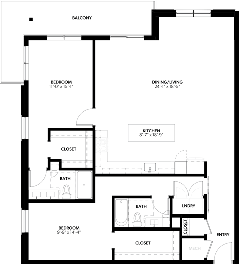 Floor plan for 2 beds, 2 baths, 1389 sqft