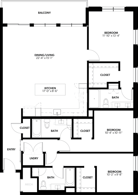 Floor plan for 3 beds, 3 baths, 1520 sqft