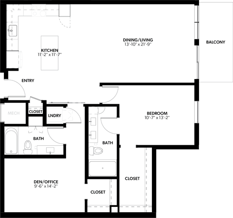Floor plan for 1 bed, 2 baths, 1119 sqft