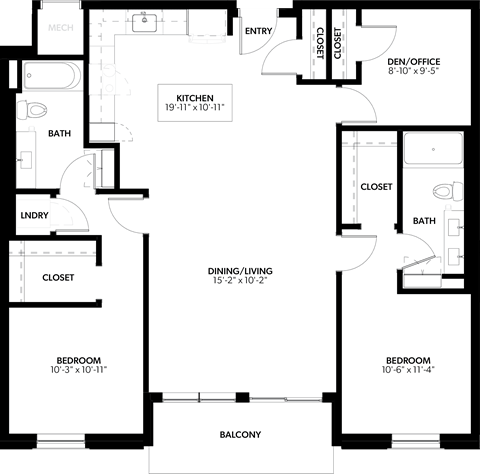 Floor plan for 2 beds, 2 baths, 1192 sqft