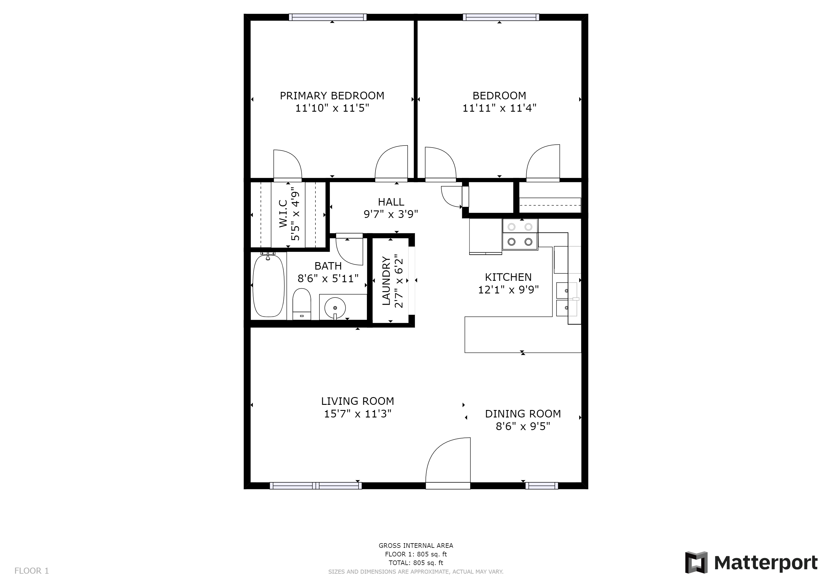 Floor plan for 2 beds, 1 bath, 839 sqft