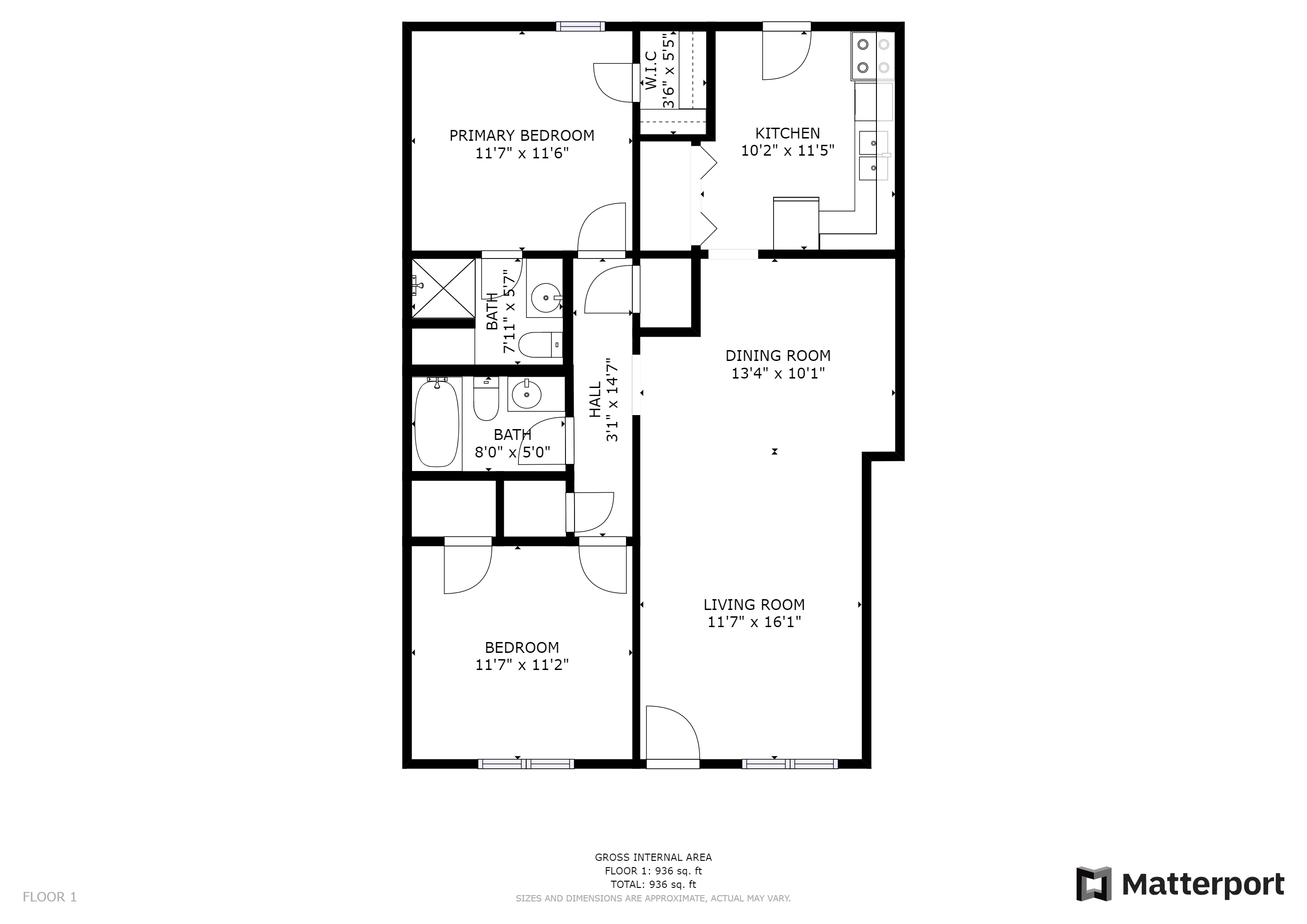 Floor plan for 2 beds, 2 baths, 973 sqft