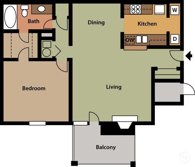 Floor plan for 1 bed, 1 bath, 870 sqft