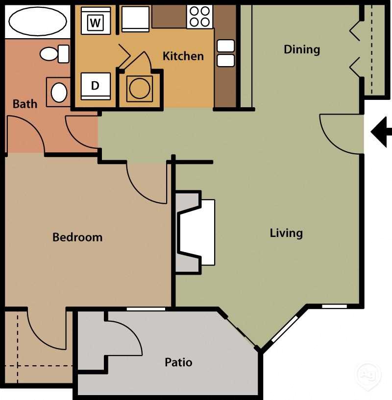 Floor plan for 1 bed, 1 bath, 808 sqft