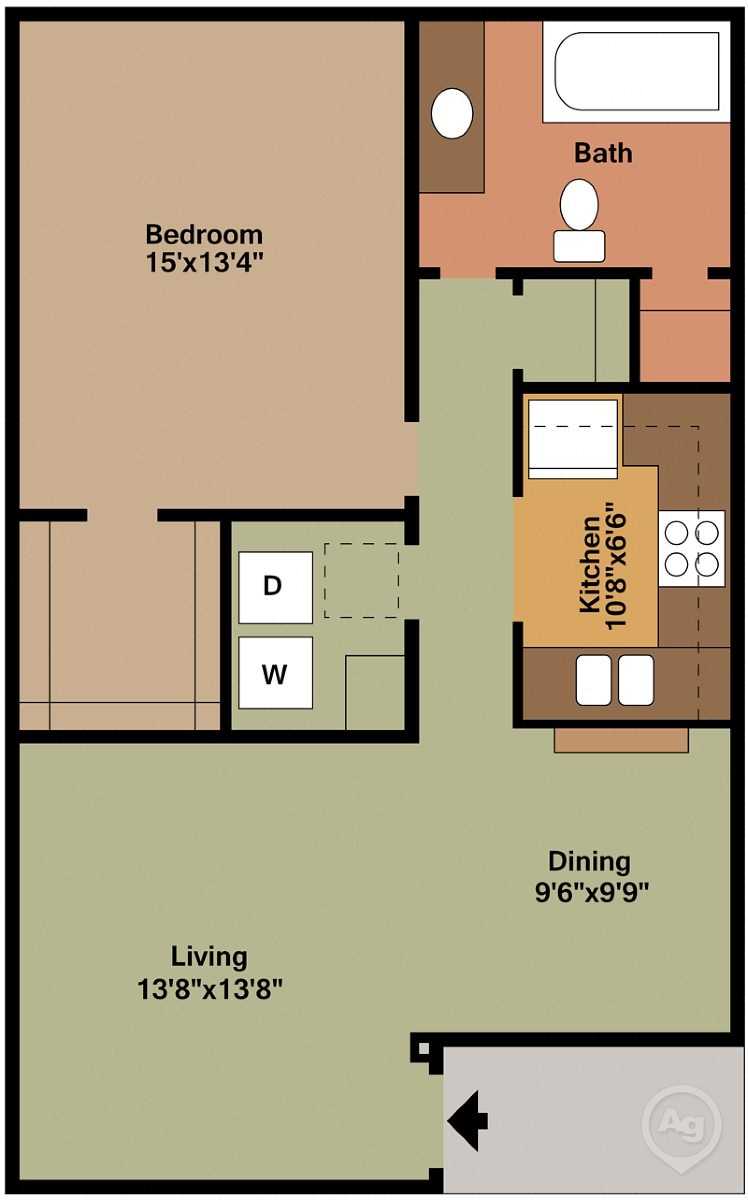 Floor plan for 1 bed, 1 bath, 782 sqft
