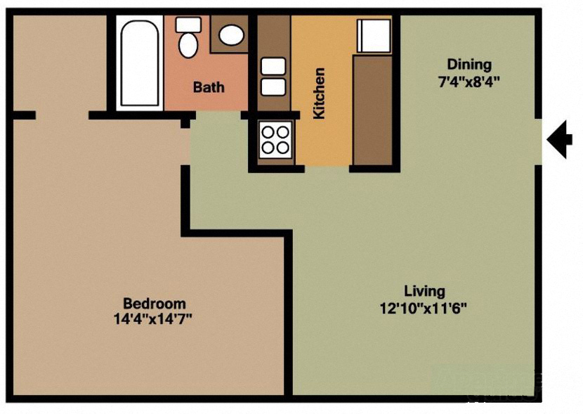 Floor plan for 1 bed, 1 bath, 610 sqft
