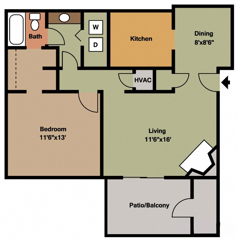Floor plan for 1 bed, 1 bath, 750 sqft